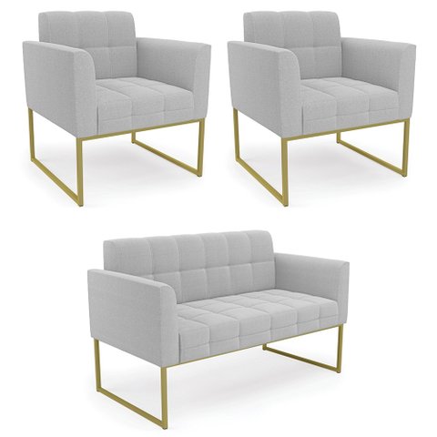 Namoradeira e 2 Poltronas Industrial Dourado Ana Bouclé Cinza - Ibiza