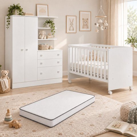 Kit Quarto de Bebê Doce Sonho com Berço com Rodízio Guarda Roupa com Cômoda e Colchão D18 130x60 Mov