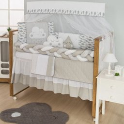 Kit Protetor De Berço Nuvem Menino Menina Trança Cinza Com Saia. - 1