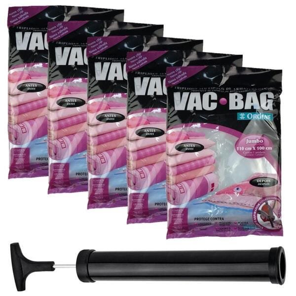 KIT 5 ORGANIZADOR A VACUO SACO VAC BAG JUMBO +BOMBA 110X100CM ORDENE