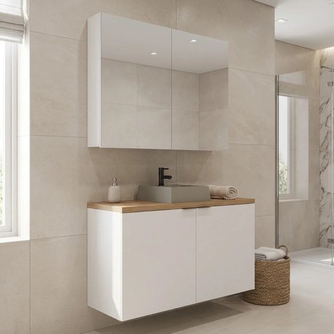 Conjunto Gabinete de Banheiro com Cuba e Espelheira Suspenso em MDF 110cm Nature Branco/Carvalho