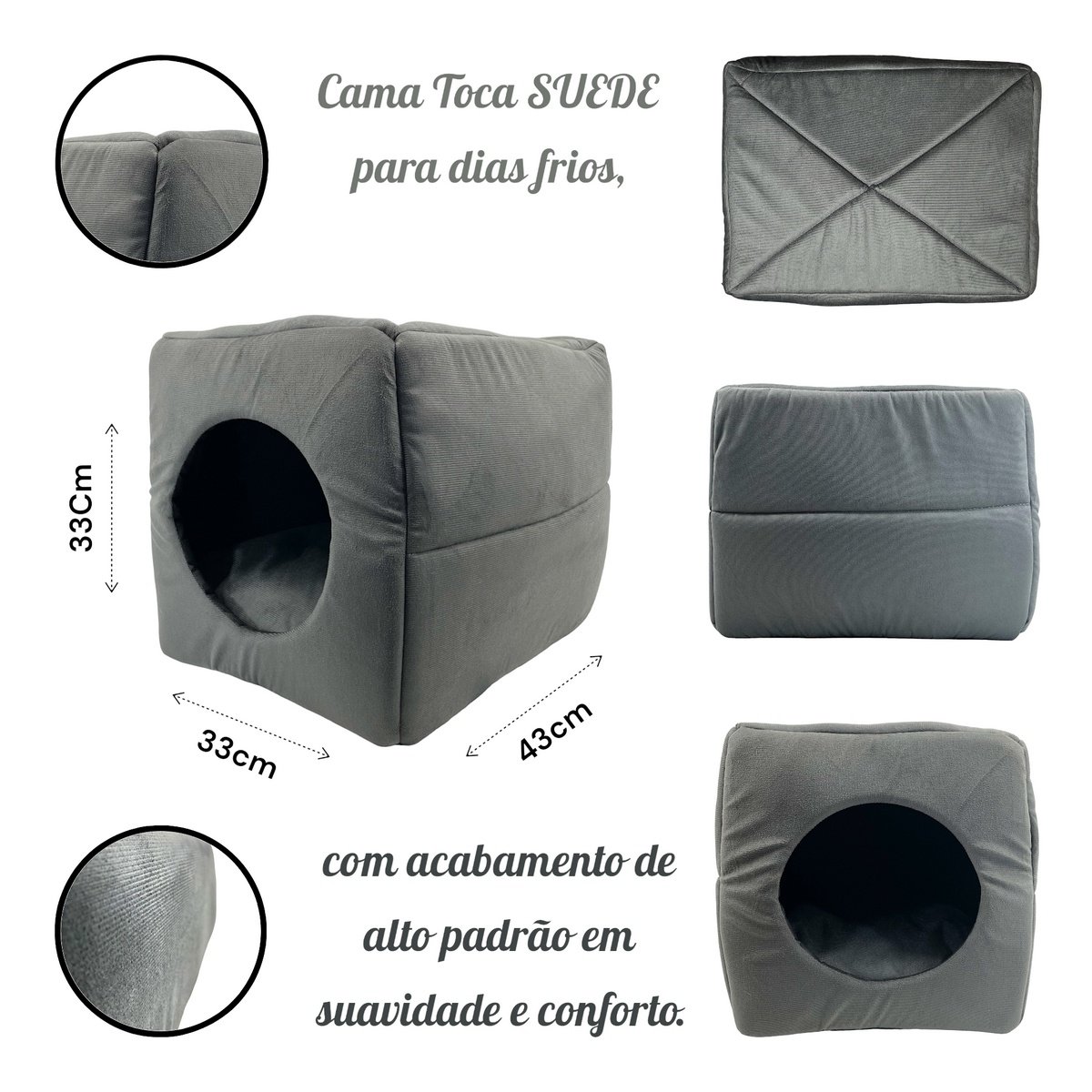 Cama Toca Iglu 3 em 1 Suede Cachorro e Gato Frio Quente Pet Tamanho M - Cinza - 3