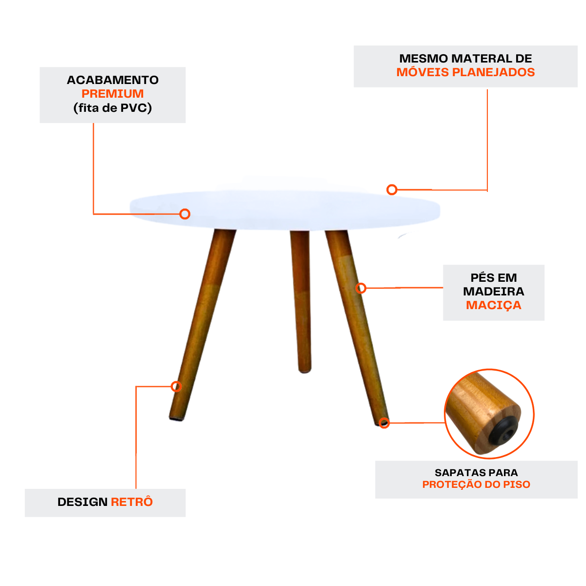 Mesa de Canto Centro Pé Palito Retrô Madeira Maciça para Sofá Sala Quarto Cama Cabeceira Branca - 5