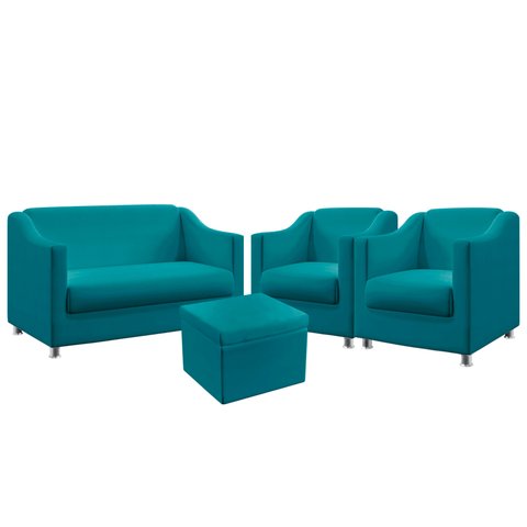 Kit Poltrona Namoradeira e 2 Poltronas Alya Com Puff Quasar Suede Azul Turquesa Aradecor