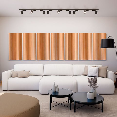 Painel Acústico Absorvedor Decorativo Ripado Parallax Ambar Crepe Maestra Acústica:freijó/branco