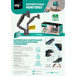 Suporte Ergonômico Articulado de Mesa, Elg, F160n, para 2 Monitores, Pistão a Gás, até 9kg, Grafite - 7
