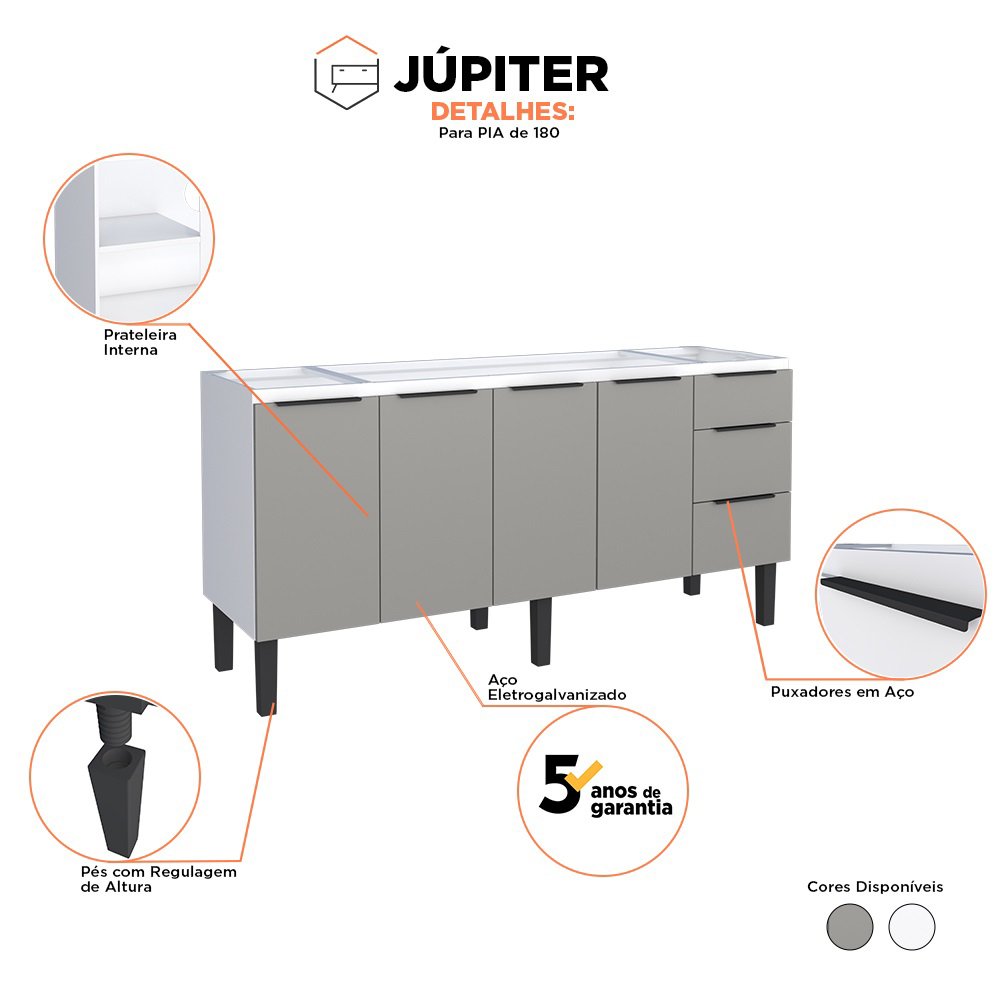 Gabinete Cozinha em Aço Júpiter 180 3 Gavetas Cinza/branco - Cozimax - 2