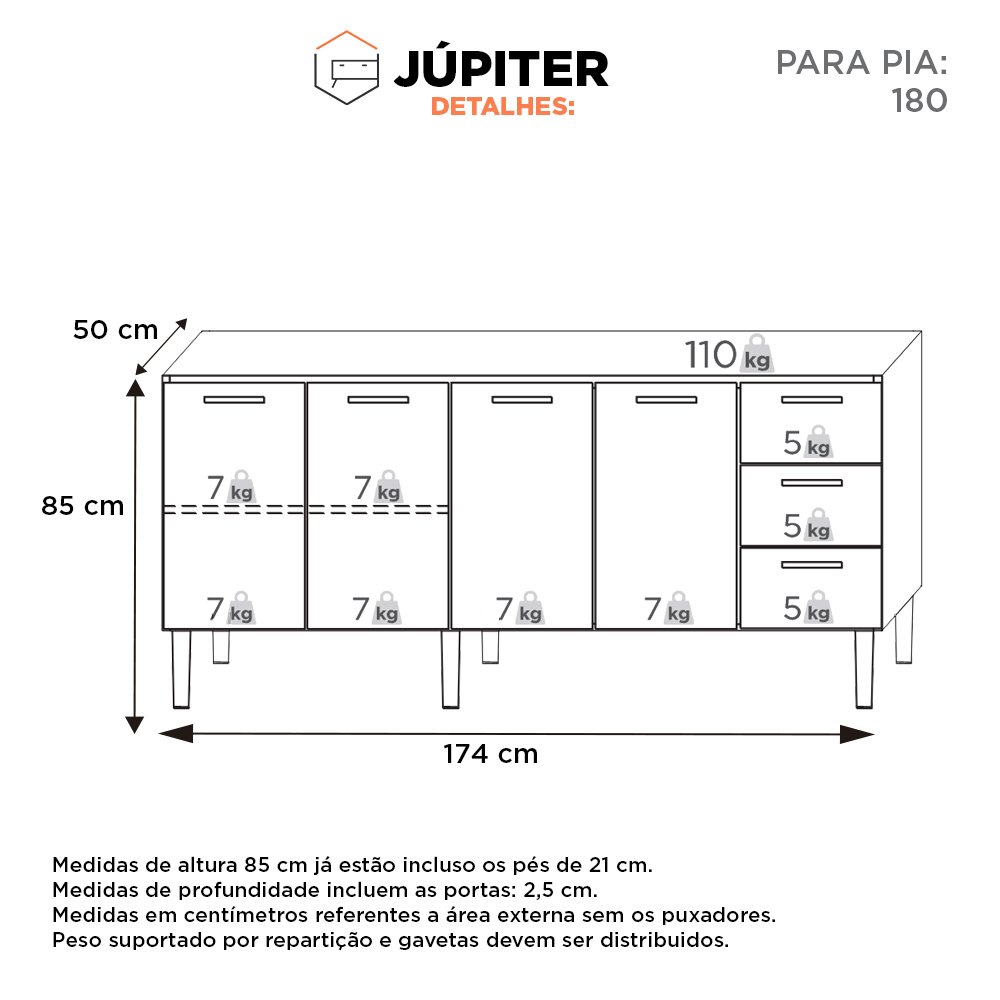 Gabinete Cozinha em Aço Júpiter 180 3 Gavetas Cinza/branco - Cozimax - 4