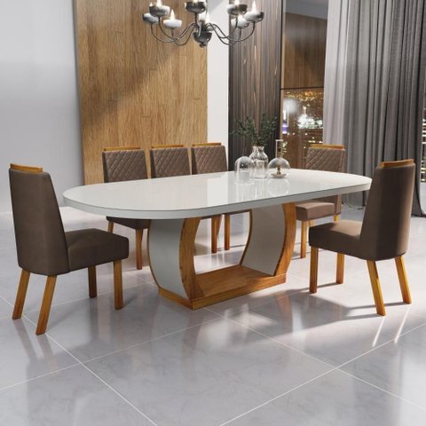Sala de Jantar Mel 6 Lugares Tampo MDF com Vidro Off-White Bom Pastor Móveis