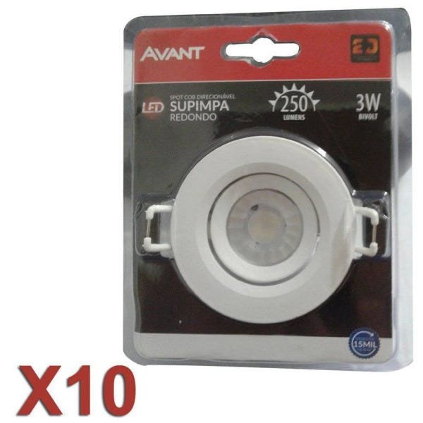 Kit 10 Spot LED Cob Embutir Redondo 3W Direcionável Bivolt Avant - Branco Quente - 1