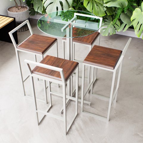 Conjunto Mesa Alta Bar Bistrô Redonda Vidro 4 Banquetas Confort Imbuia Industrial White Don Castro D