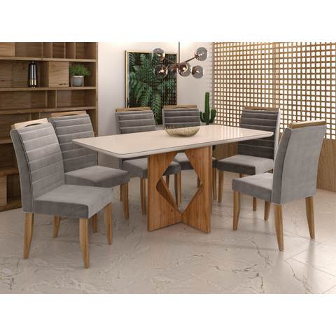 Sala de Jantar Madrid 160cm c/Vidro com 6 Cadeiras Madeira Maciça Madrid Cinamomo/Off Veludo Prata