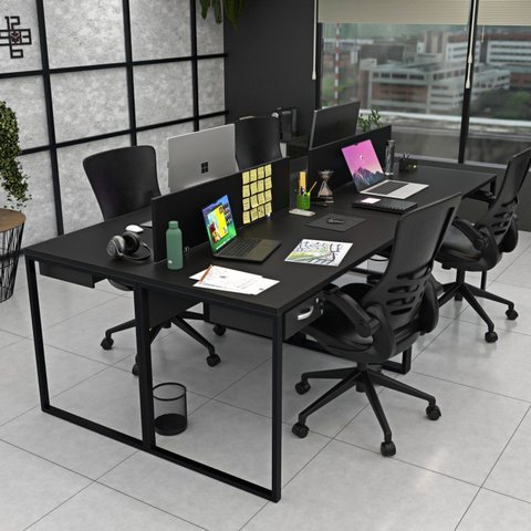 Escrivaninha Mesa Escritório 2 Gavetas 4 Lugares 240cm Industrial Preto