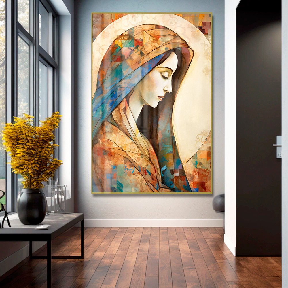 Quadro Decorativo Virgem Maria Abstrato em Moldura Caixa TaColado Moldura Trad 1cm Branca sem Vidro 