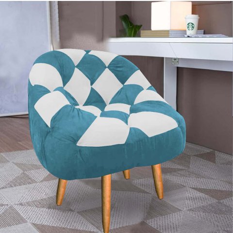 Poltrona Paloma Escritório Sala Pé Palito Suede Azul Turquesa e Suede Branco - Dominic Decor
