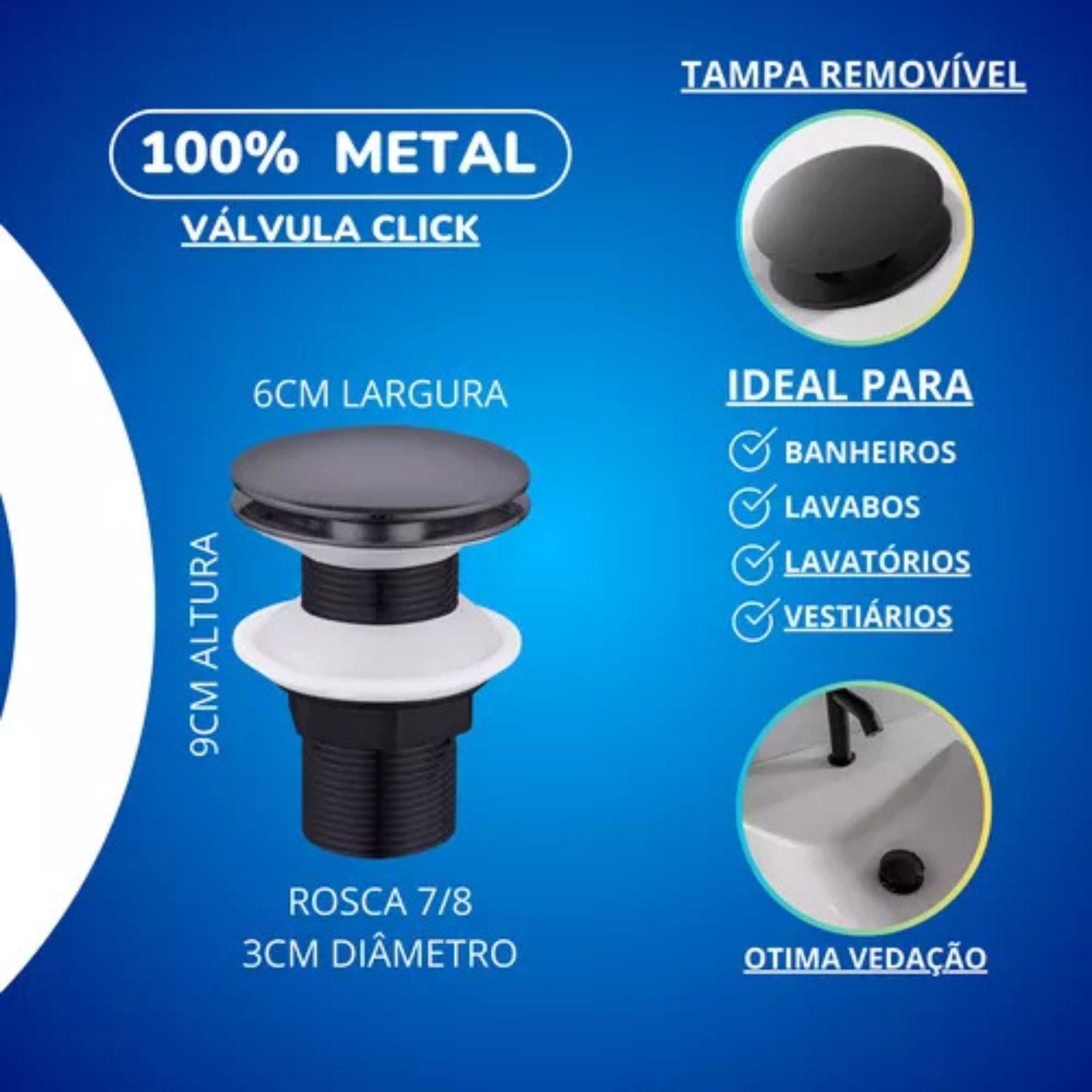 Valvula Ralo Click Preto Fosco Pia Lavatório Cuba Metal 7/8 - 2