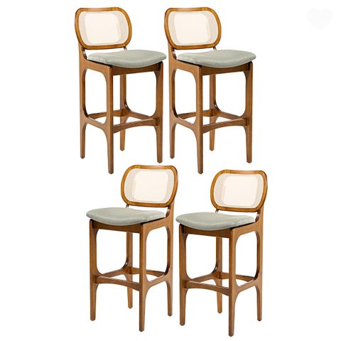 Kit 4 Banquetas Alta para Bancada Decor Encosto Rattan Madeira Imbuia Linho Linho Verde L84 Rmi