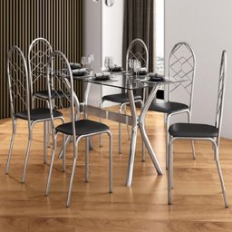Conjunto de Mesa Leon 150x80cm com 6 Cadeiras Nice Cromado e Tampo de Vidro Tubform - 1
