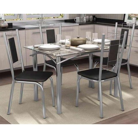 Sala de Jantar Completa Elba c/ Tampo Vidro 120cm + 4 Cadeiras Florença Cromado/Courano Preto -