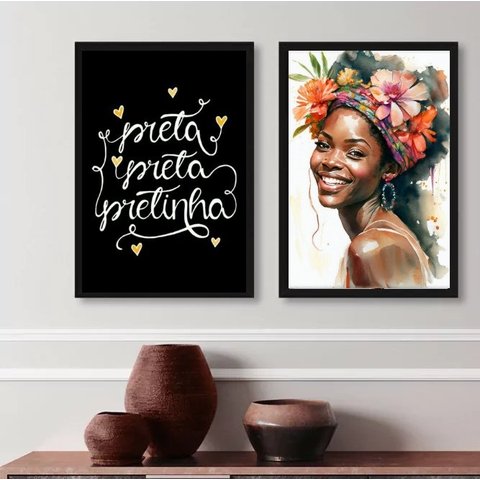 Kit 2 Quadros Decorativos Preta Preta Pretinha 45x34cm:madeira Branca
