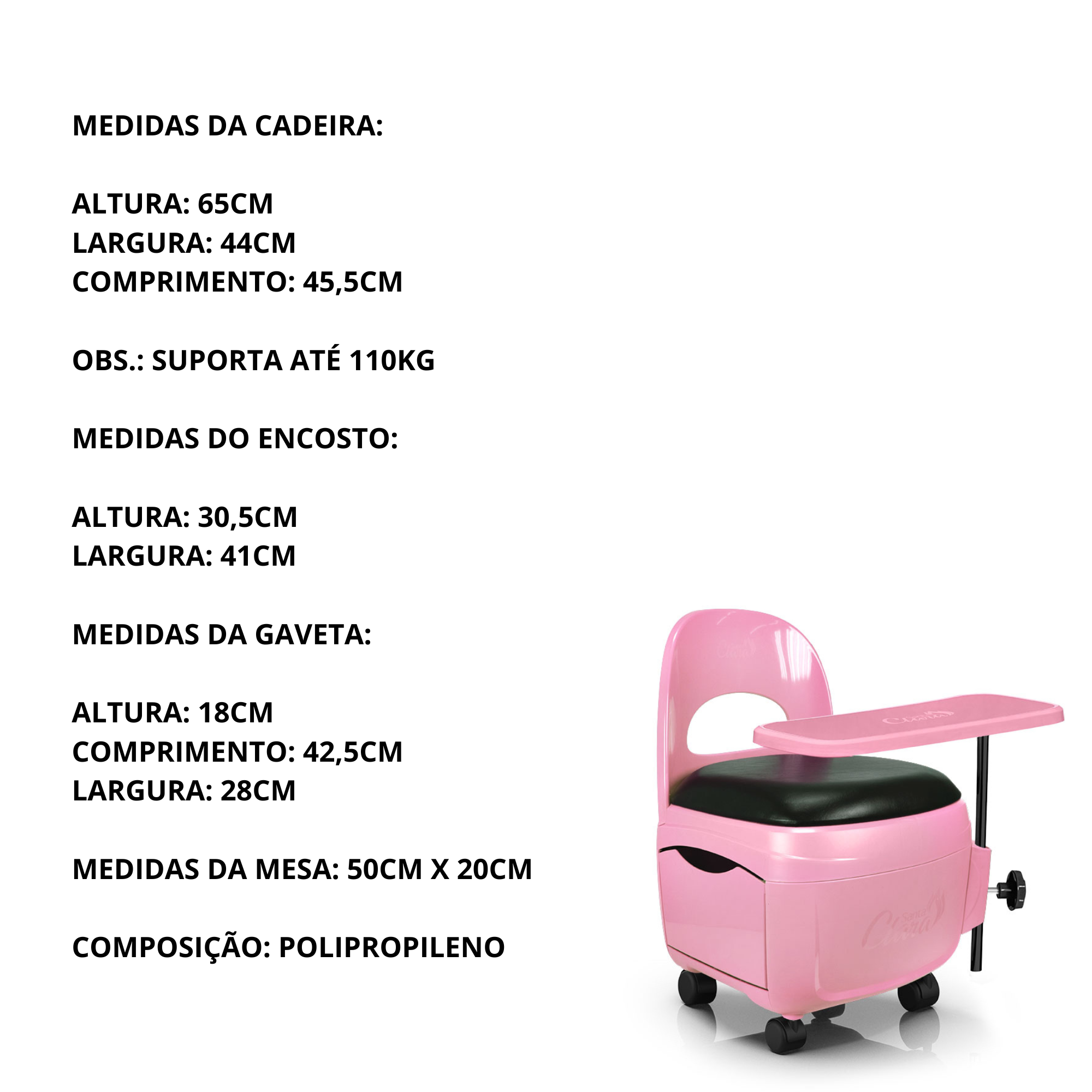 Cadeira Rosa Cirandinha Manicure Pedicure Gaveta Suporte Pés - 2