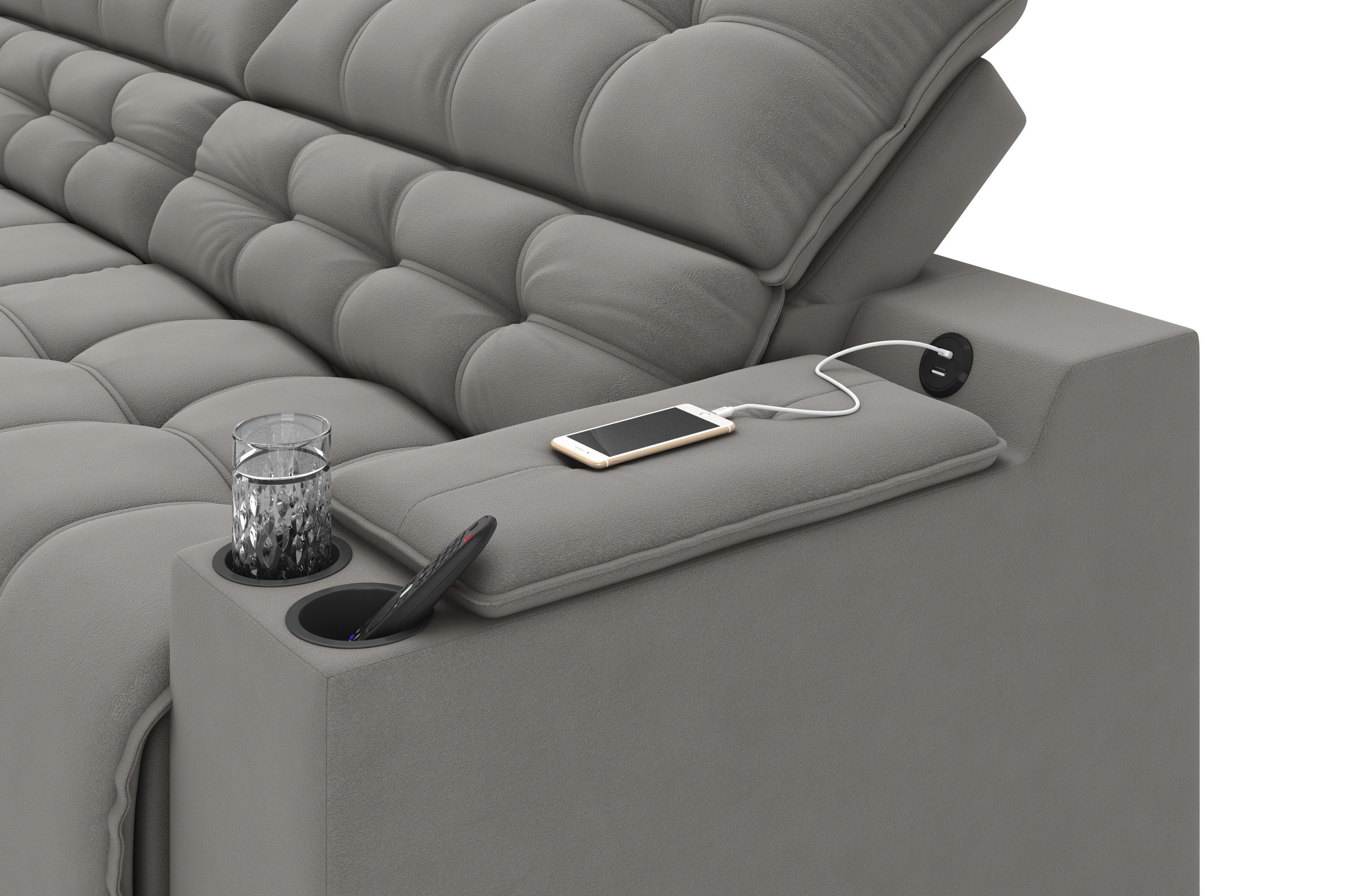 Sofá Connect Premium 2,30m Assento Retrátil/reclinável com Porta Copos e Entrada Usb Suede Cinza - 5