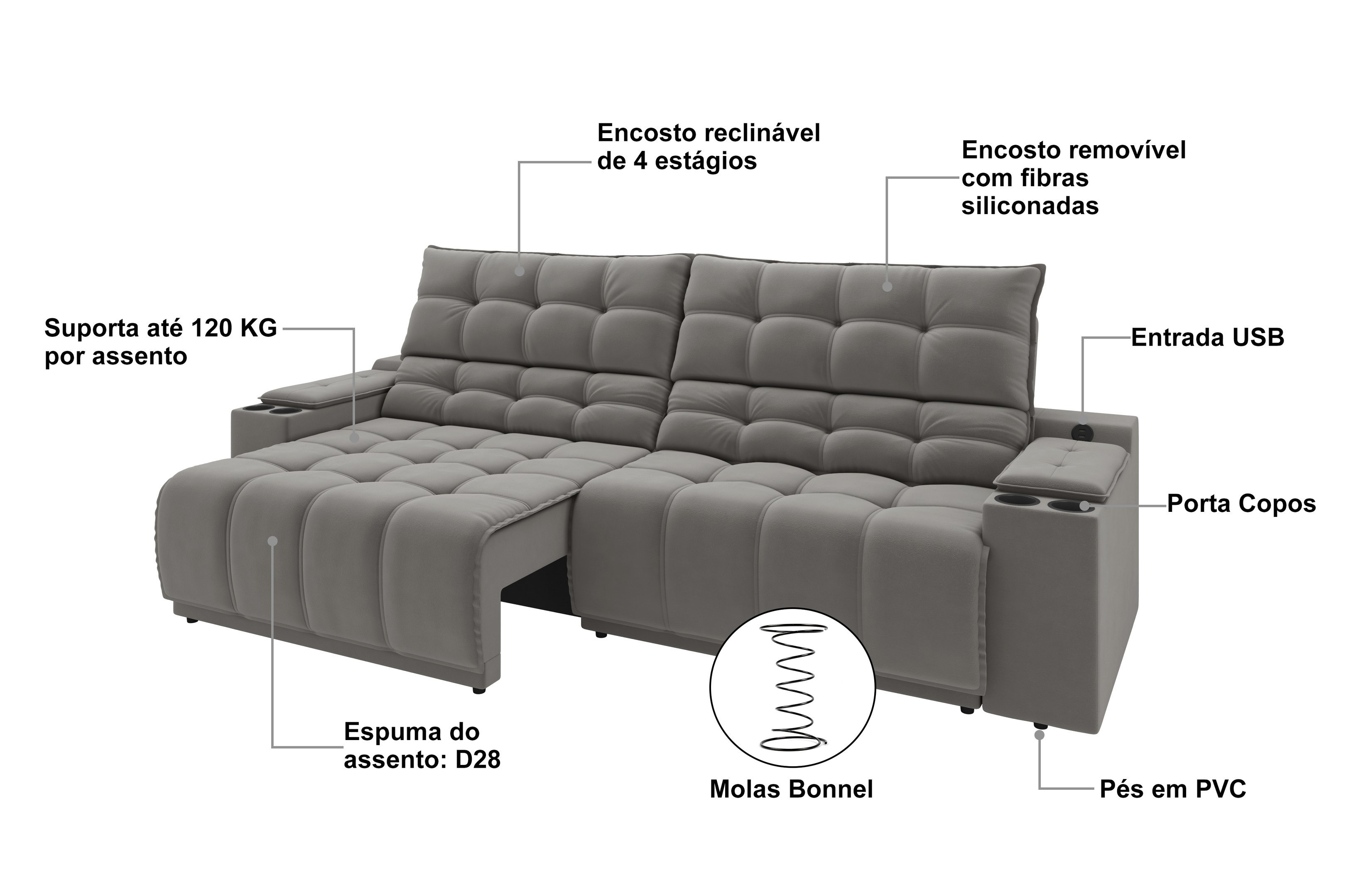 Sofá Connect Premium 2,30m Assento Retrátil/reclinável com Porta Copos e Entrada Usb Suede Cinza - 4