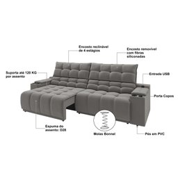 Sofá Connect Premium 2,30m Assento Retrátil/reclinável com Porta Copos e Entrada Usb Suede Cinza - 3