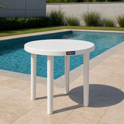 Mesa Redonda Desmontável Resistente Portátil p/ Área de Lazer/ Piscina - Branca