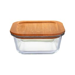 Pote de Vidro Hermético com Tampa Quadrado de Bambu 300mL - Casambiente - 1