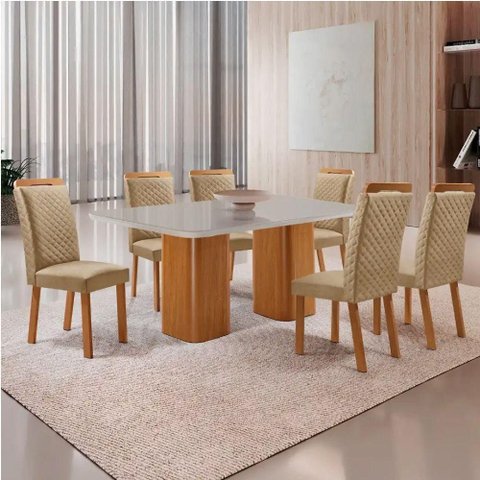 Mesa Jantar Eloise 6 Lugares Vidro Serigrafado com Cadeiras Lorena Off White Moderna