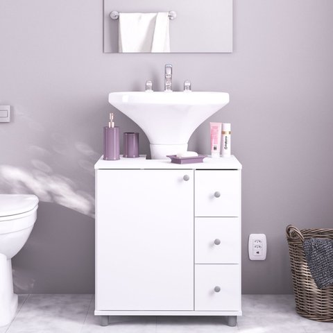 Gabinete de Banheiro de Encaixar na Pia com 1 Porta e 3 Gavetas 60cm Branco Politorno