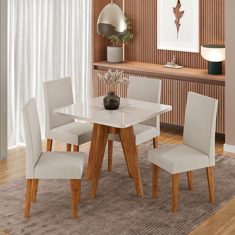 Conjunto Sala de Jantar 4 Lugares Quadrado Tampo de MDF/Vidro Kamenya Cobre/Vidro Off White/Bege - C