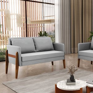 Namoradeira 2 Lugares Lana Suede Base de Madeira - D'Rossi DRossi Cinza