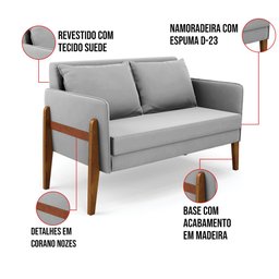 Namoradeira 2 Lugares Lana Suede Base de Madeira - D'Rossi DRossi Cinza - 6