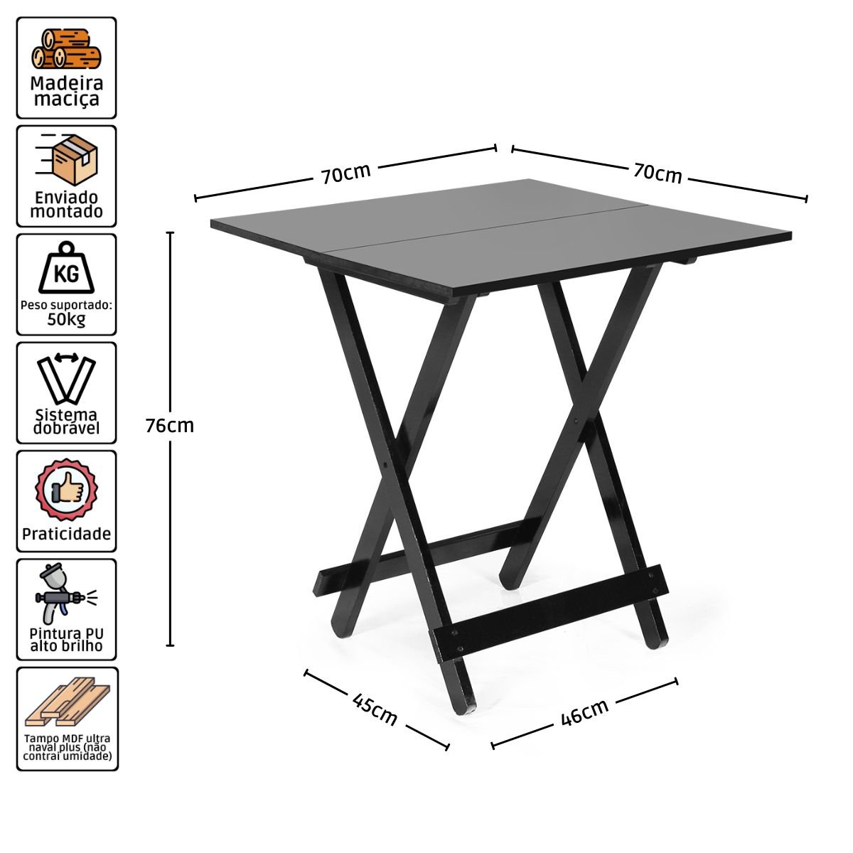 Mesa 70x70 Dobrável Preta - Móveis Britz - 4