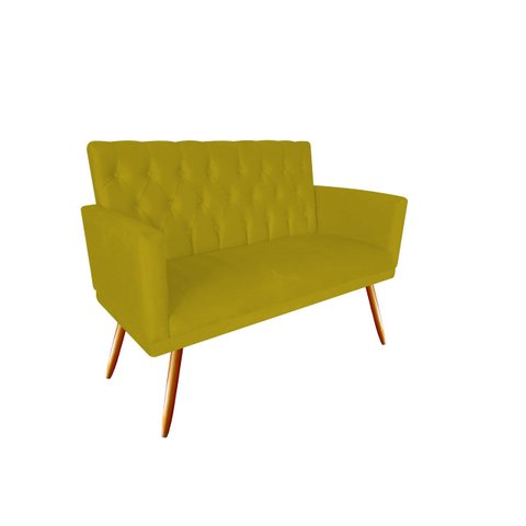 Namoradeira Decorativa Nina Capitonê Couro Amarelo 2 Lugares Pés Madeira Ms Decor