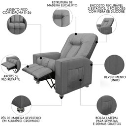 Poltrona do Papai Reclinável para Cinema Praddo Fh9 Linho Cinza - Mpozenato - 3