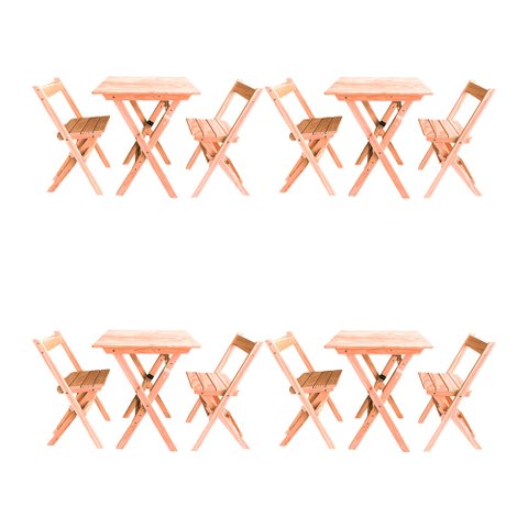 Kit 4 Conjuntos Mesa Dobrável para Bar e Restaurante 60x60cm com 2 Cadeiras em Madeira Maciça - Cru