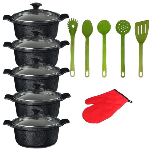 Jogo Panelas Preto Cerâmica Talher Verde Javali AAL 16A24Cm