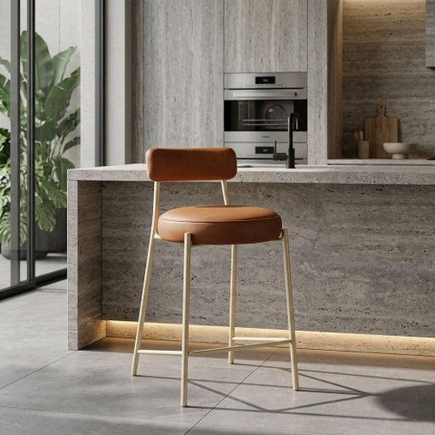 Banqueta Média Londres Assento em PU Base Fixa com Encosto Fixo Champanhe D'Rossi