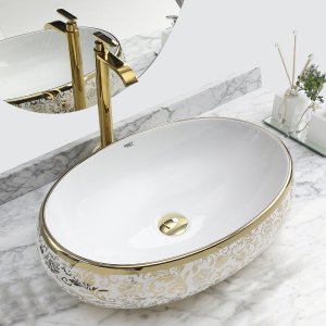 Kit Cuba Pia Louça Cerâmica Banheiro Dourado C/ Torn e Válv