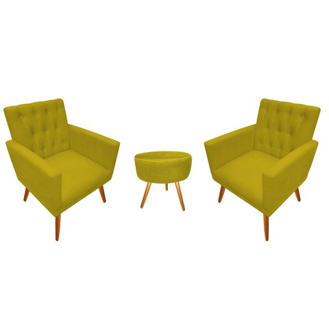 Kit 2 Poltronas Decorativa Nina Capitonê + Puff Redondo Couro Amarelo Pés Madeira Mz Decor