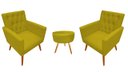 Ver imagem 1 de Kit 2 Poltronas Decorativa Nina Capitonê + Puff Redondo Couro Amarelo Pés Madeira Mz Decor