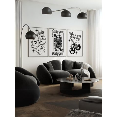 Kit 3 Quadros Decorativos Lucky You 777 Preto Moderno