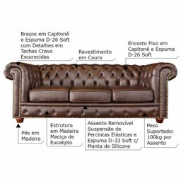 Sofá 3 Lugares Sala de Estar Chesterfield Pés Madeira Couro Tabaco Brilho - Gran Belo - 2