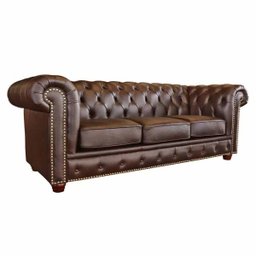 Sofá 3 Lugares Sala de Estar Chesterfield Pés Madeira Couro Tabaco Brilho - Gran Belo - 1