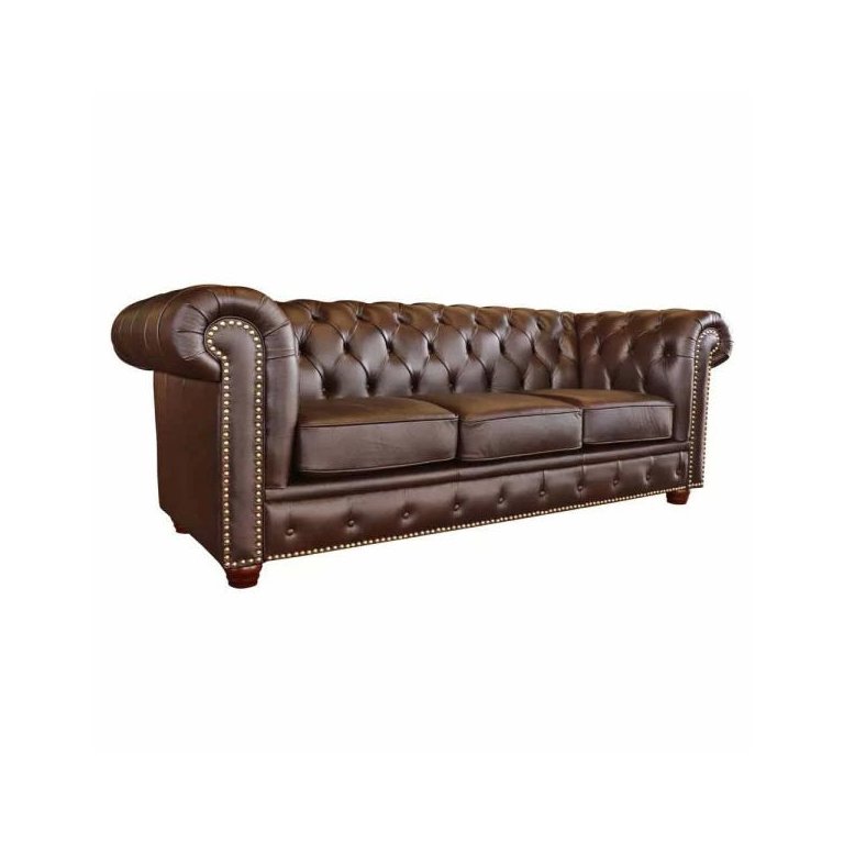 Sofá 3 Lugares Sala de Estar Chesterfield Pés Madeira Couro Tabaco Brilho - Gran Belo