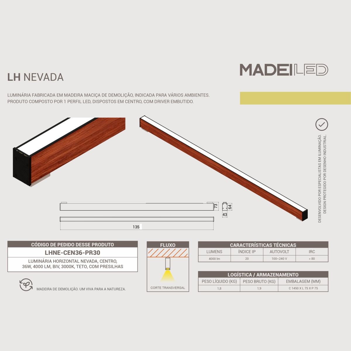 Luminária de Teto Led Nevada 36w 4000lm Madeira Maciça - 6