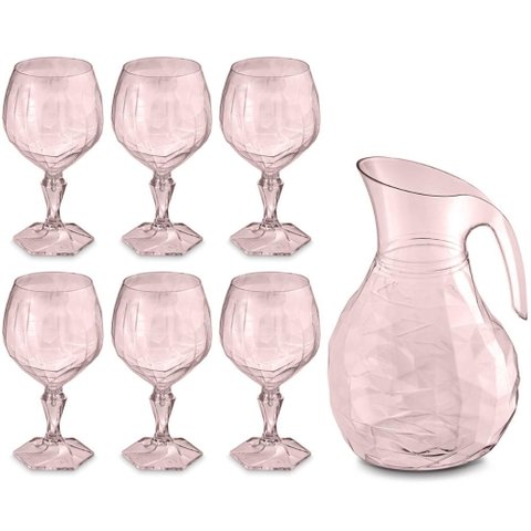 Kit Jarra 2,3L e 6 Taças 350ml Jogo de Plástico Refresco Tango Servir Água Suco Rosa Translúcido